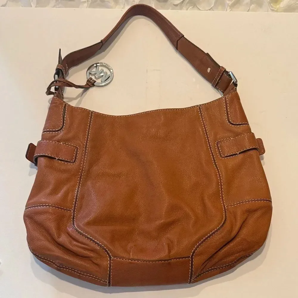 Michael Kors Tan Leather Hobo Bag Brown Shoulder Purse Silver Hardware